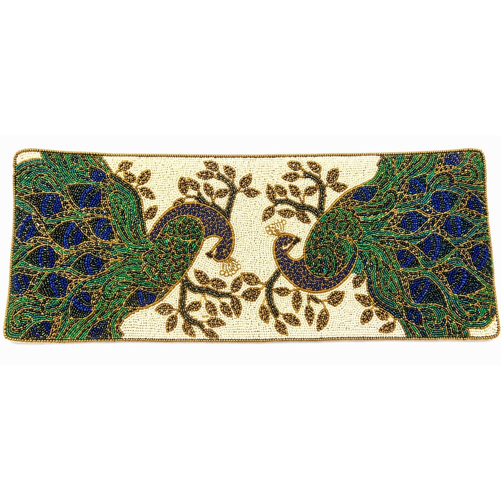 Peacock Table Runner Fully Beaded Jewel of Mumbai Peacocks Blue Green 36x13"